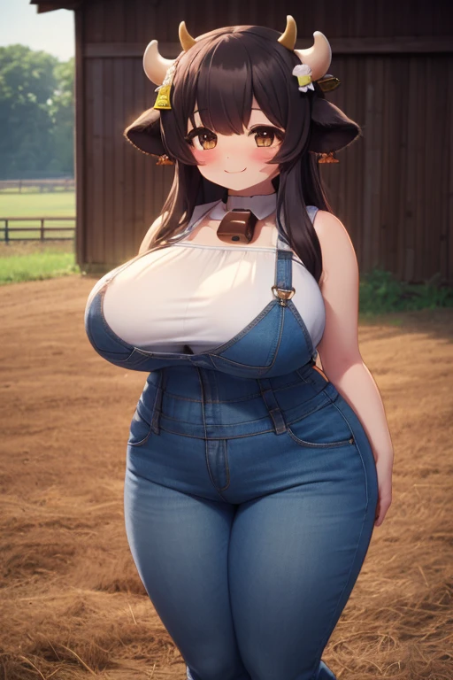 Plump, big breasts, black hair, brown eyes, chubby, smile, (cow girl Kemonomimi: 1.5), blue jeans overalls, longer hair, anime, plump round belly, standing outside, standing in front of a farm house,