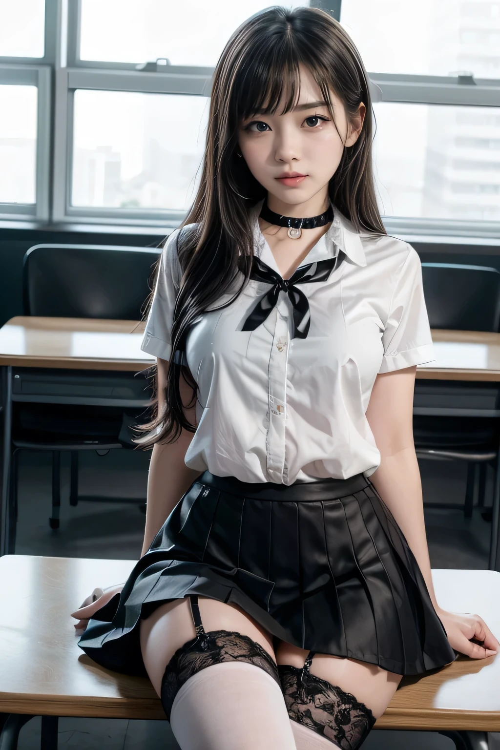 , School girl, white and black uniform, white and black skirt, black lace choker, white lace thigh highs, looking at viewer, class room background, sitting on desk, seductive, dark eyeliner, sexy eyeliner,