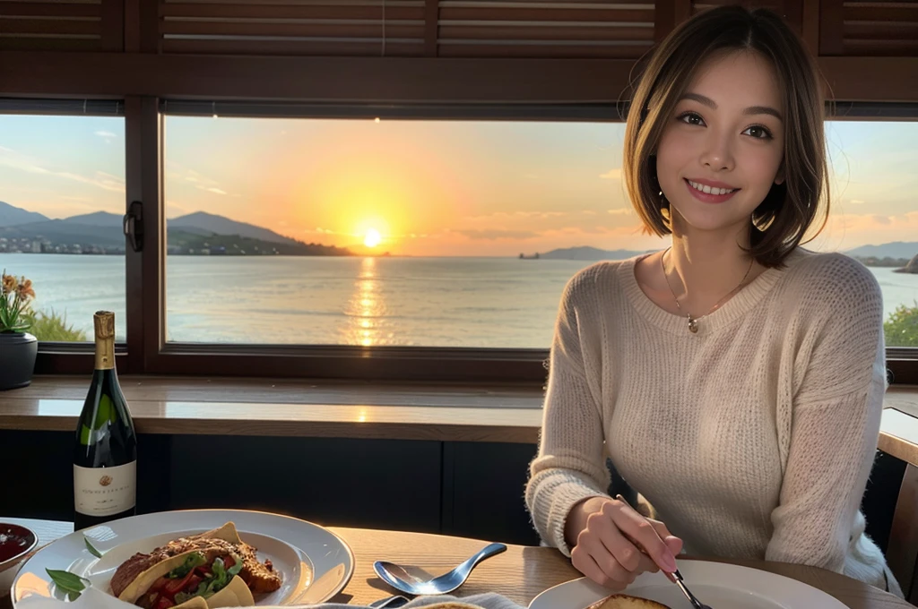 （Realistic:1.1）,(masterpiece,Highest quality)，8k,(4), 5, slimカップル、Tight waist,Upper Body,full-course dinner、wine 、Amazing view of the sunset sky and clouds、Perfect Anatomy, Brown Hair, short hair,Random Hairstyles,((Highly detailed face and eyes:1.2))，Perfect golden ratio face，Long sleeve shirt、dress,(smile:1.2)、Shortcuts、cute、(Realistic, Intricate details:1.2), A bright smile、short hair,Bright Face、赤wine 、Appetizers、Italian food、wine bottle、Champagne、スパークリングwine、(slimな顔), (The body is slim), (Brown Hair), (Shortcuts),  Upper Body, 白wine, slim, wineグラス, 