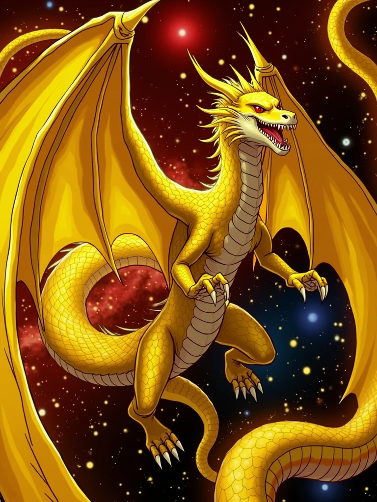 Golden Bipedal Dragon, with a red eyes, in space.