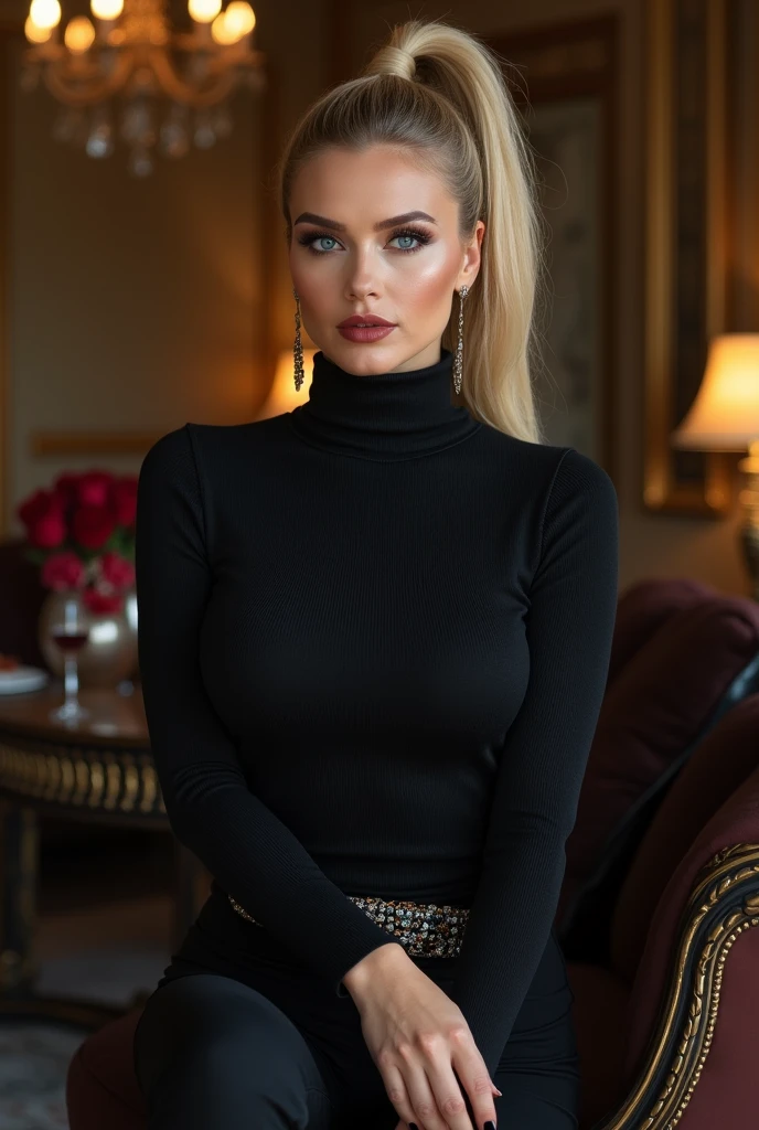 full-body showcase, show full-body, (Best quality, 4K, high resolution, masterpiece:1.2), ultra-detailed, realistic (photo-realistic:1.37), 40 years old, Russian woman, Matriarch of the Russian Mafia Gang, ambitious, elegance, calm, charming, intimidate, (blonde hair, power high ponytail hairstyle), perfect lash, perfect makeup, sun-tan skin, expressive blue eyes, wine lips, mature woman charms, seductive allure, perfect hourglass body shape, long toned legs, flat abs, perfectly round E cup breasts, very Tall, slim, with peachy hips, ((Wearing Long Sleeve Turtleneck sweater with matching black pants)), ((long lacquer high heel Boots)), Background featuring luxurious penthouse.