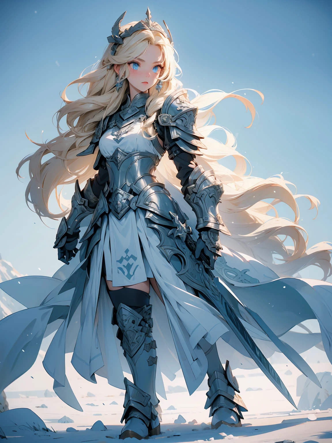 (((masterpiece, best quality, high detailed, 16k))) (1girl) A fierce and stoic Nordic warrior with long, braided blonde hair and icy blue eyes. She wears heavy armor adorned with intricate engravings and symbols of her clan, combined with animal pelts that add warmth and a primal touch. Over her shoulders, she drapes a cloak made from the fur of a majestic bear, giving her a commanding and wild presence. She carries a large, rune-inscribed battle axe and stands tall against a backdrop of snowy mountains. ((full body view))