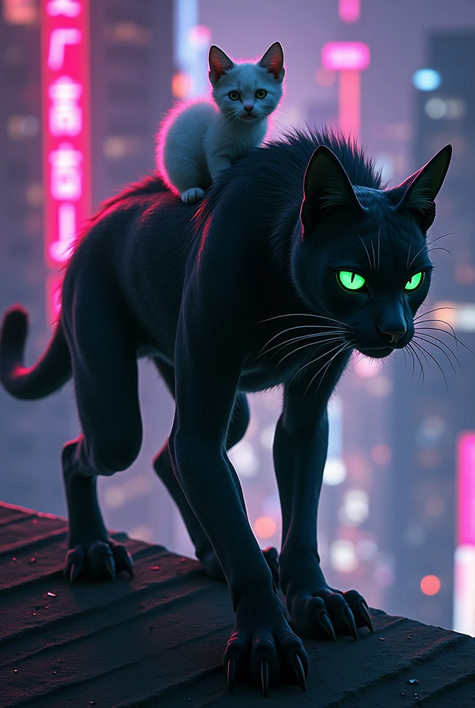 **Whiskers on the Rooftops:**
- Prompt: "A humanoid cat with a feline face and glowing green eyes prowling the rooftops of a dark, bustling city at night. The skyline is lit by neon lights, and his small white kitten companion sits perched on his shoulder as he scans the streets below for danger."