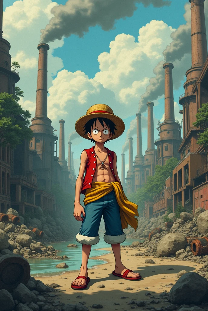 Create me an image of Luffy from One Piece and environmental pollution