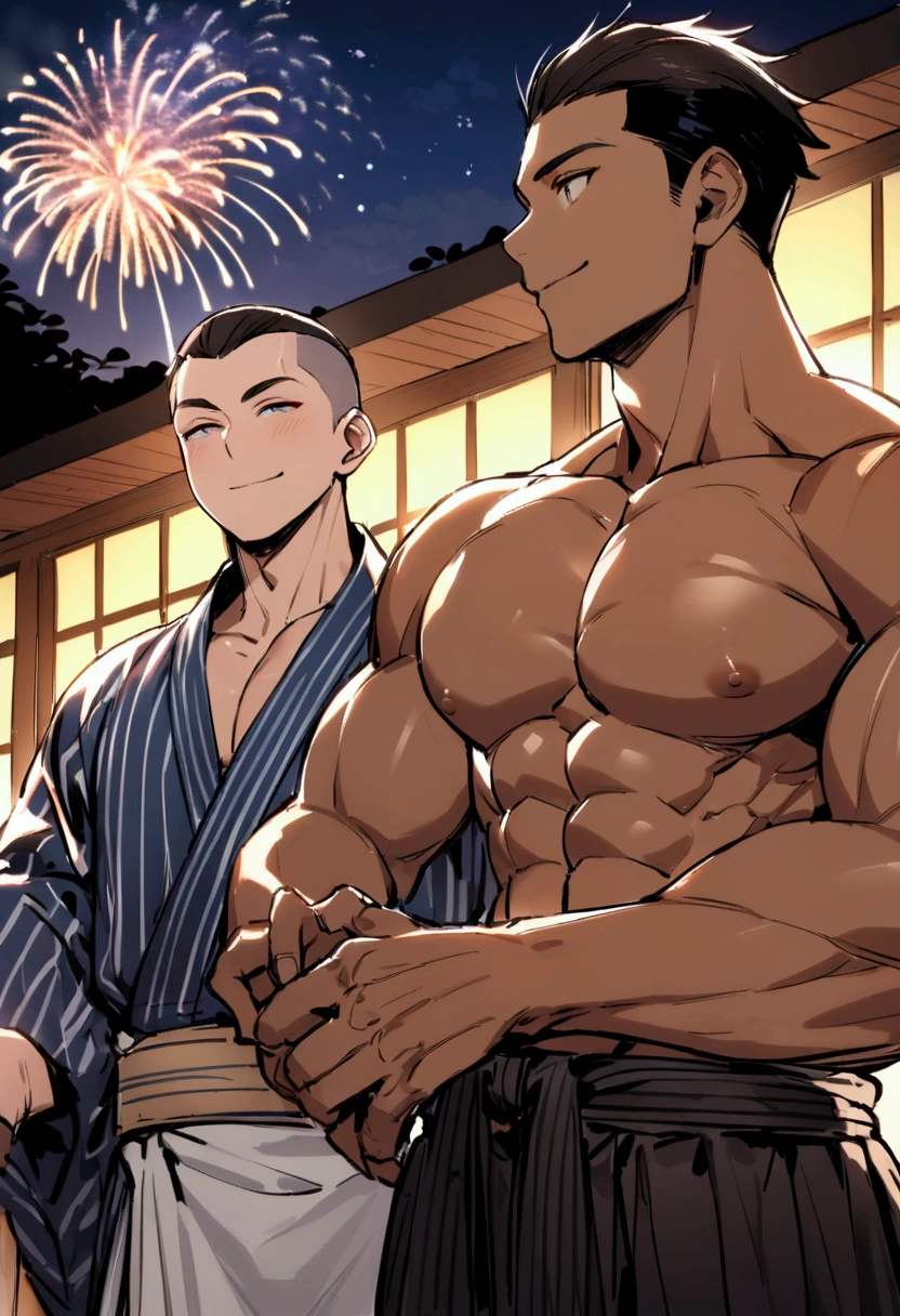 Highest quality、short hair、Sports haircut、Two muscular men in yukatas are happily watching fireworks on the veranda、Pectoralis major、Abdominal muscles、Brown Skin