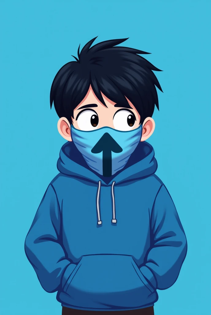 Man with black hair, blue sweatshirt and mask with arrow pointing upwards, mask covering the entire face and blue background, cartoon same cartoon same and sweatshirt with hood behind