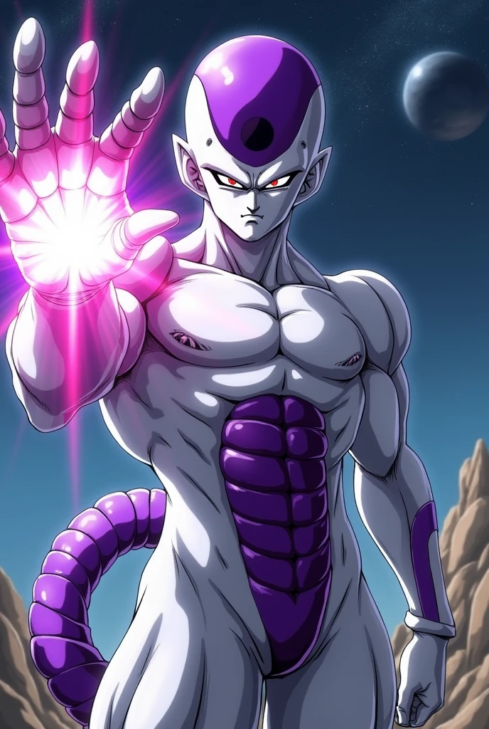 Frieza(final form)Draw。It has distinctive white skin and a purple head.、He has a cold look on his face.。The background is set in space.、The planet appears far away。Friezaはエネルギー波を放つ構えをしており、Light is shining from the palm of your hand。The muscular body is clearly depicted.、His sharp gaze is emphasized。Attention to detail、Expressing the texture of his armor and tail。