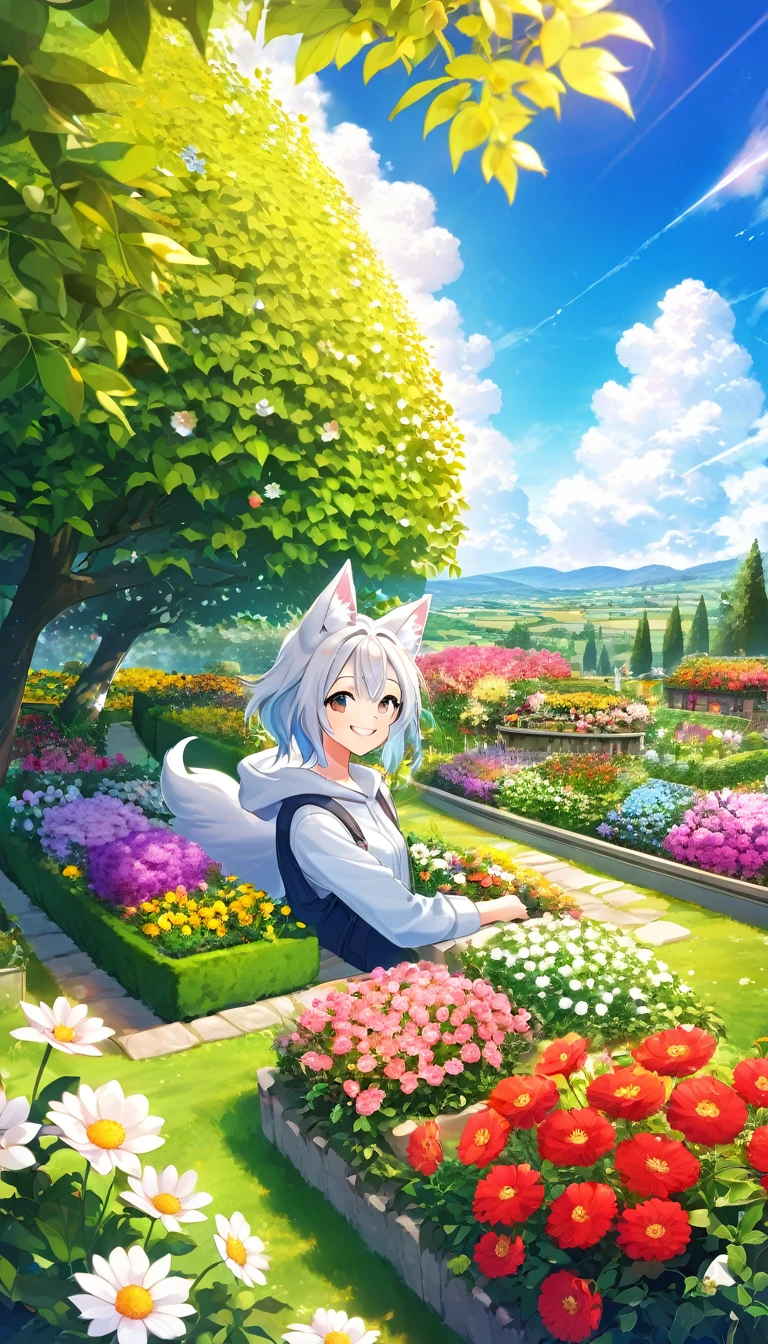 Highest quality, High resolution, High quality illustrations, An unparalleled masterpiece(▼ Life)farm, blue sky, cloud, Flowers beautiful garden(Furry Personification, alone, , Casual Fashion, rickspose, smile)Absurd, Perfect Anatomy, Anime Style, Dynamic Angle,