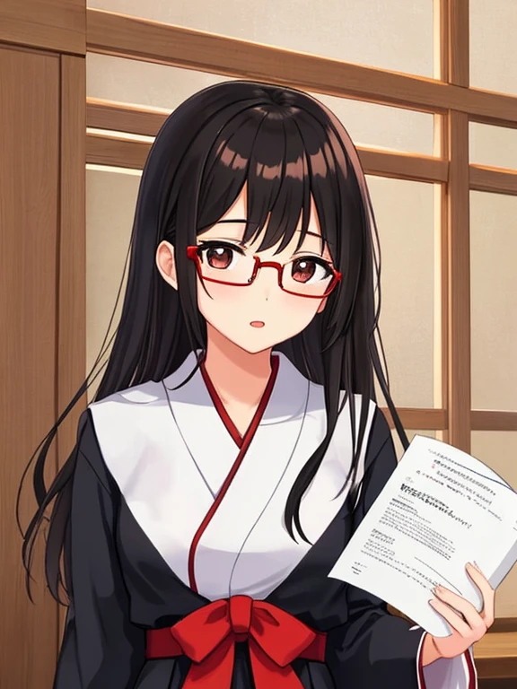 Masterpiece, 1girl, solo, 1 Japanese student, she's absolutely beautiful, (she's wearing a black Japanese school uniform and red reading glasses)

