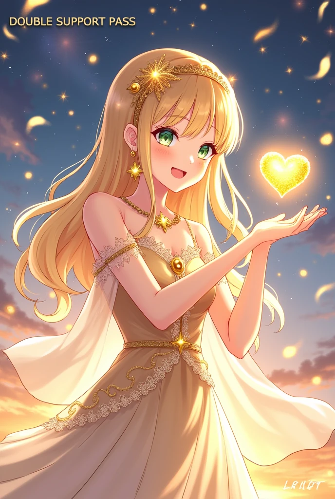 bottom: An ethereal, sparkling background featuring a starry sky in shades of deep blue and purple. You can add a golden sunset on the horizon to give it a warm and magical touch.. Add a soft glow emanating from the background to create a celebratory atmosphere.
Main character: A female anime character with an expression of gratitude and joy.
for the: long and loose, with soft waves. The color can be a bright gold or a soft pastel pink., with bright reflections to give a luminous effect.
eyes: big and shiny, in shades of light blue or emerald green, with long eyelashes to highlight her kind expression.
dress: An elegant evening dress in gold and white tones, with lace and glitter details. The dress can have a princess design, with a wide flowing skirt and embroidered flower or star details. Add a touch of shine to the fabric to make it more dazzling.
Accessories: A golden headband with small sparkles and a central gem. You can wear a small transparent cape that floats gently behind you.. also puede estar adornada con un collar delicado y pendientes a juego.
Actions: The character is standing with one hand raised holding a shiny heart or gold star., that emits a soft glow. The other hand can be extended forward, as if offering or receiving support.
Additional Details: Add gold confetti and sparkling stars floating around the character to give a celebratory feel.. You can include soft sparkles and lights around the heart or star she is holding to emphasize its importance.. also, incorporates a luminous aura that surrounds the character to give a magical effect.
Embedded Text:
"Double Support Pass" in an elegant, golden fountain, placed at the top or bottom of the image.
Additional text: In a smaller, more delicate font style, At the bottom of the image: "This