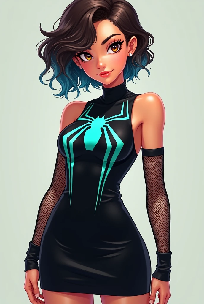 ((art animation 2D)) 20 year old woman with short wavy brown hair with dark blue dyed tips, Brown eyes, with good body, wearing black clothes, wearing a sleeveless black dress with a turquoise Spiderman logo on the chest with mesh sleeves