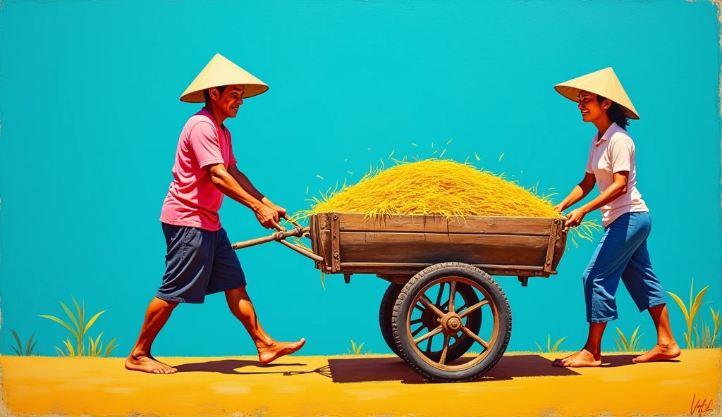 cartoon, a vietnamese man pulling a cart full of rice, a vietnamese woman pushing behind the cart, they go barefoot, on a blue background, in the style of rainbowcore, canvas texture emphasis, paintings, realist detail, flat form