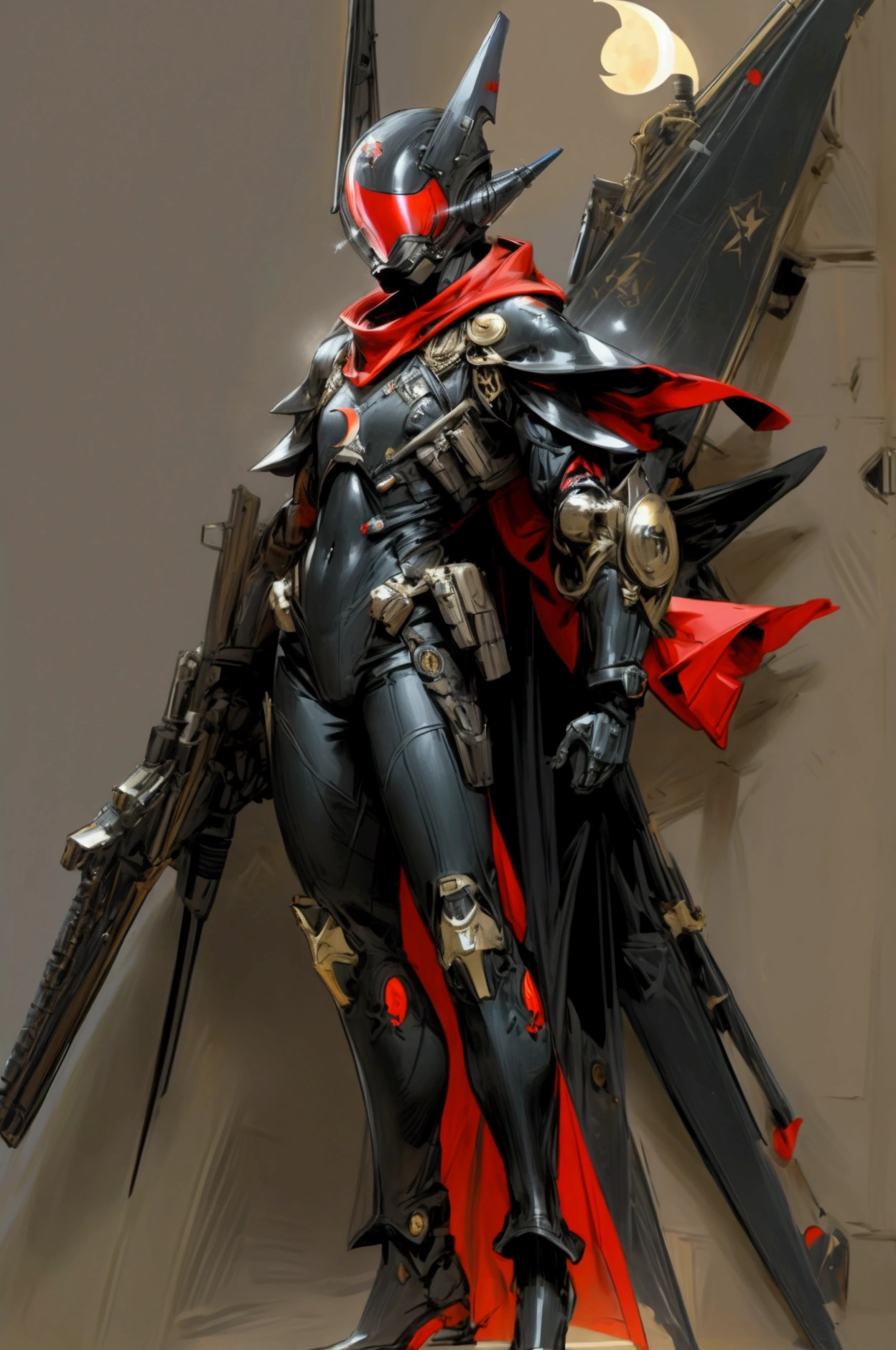 Crescent moon taking up one-third of the screen Wearing modern black full body armor over a black bodysuit Wearing a World War II-style military helmet with glowing red goggles Wear a mask