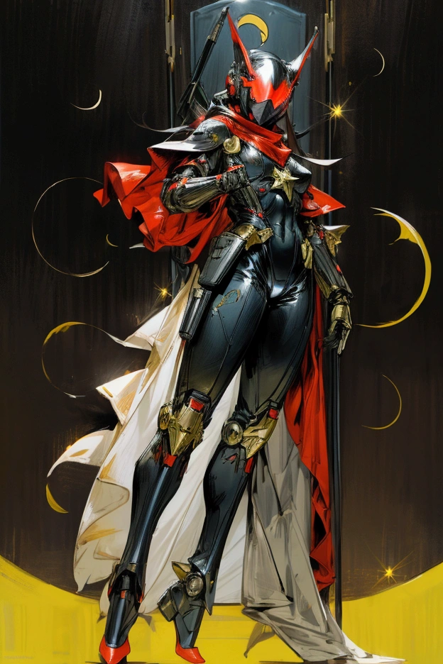 Crescent moon taking up one-third of the screen Wearing modern black full body armor over a black bodysuit Wearing a World War II-style military helmet with glowing red goggles Wear a mask