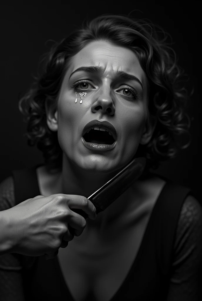 a hand holding a knife on a woman's neck, woman crying, 1920s era, black and white photography, woman is distressed, high contrast, dramatic lighting, cinematic composition, chiaroscuro, moody, ominous, suspenseful, (best quality,8k,highres,masterpiece:1.2),ultra-detailed,realistic,photo-realistic:1.37,dramatic,cinematic,dark,gritty,noir
