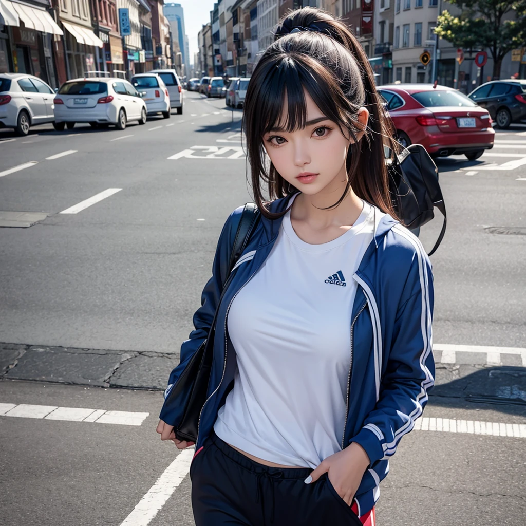 on the street，Sportswear，Large Breasts