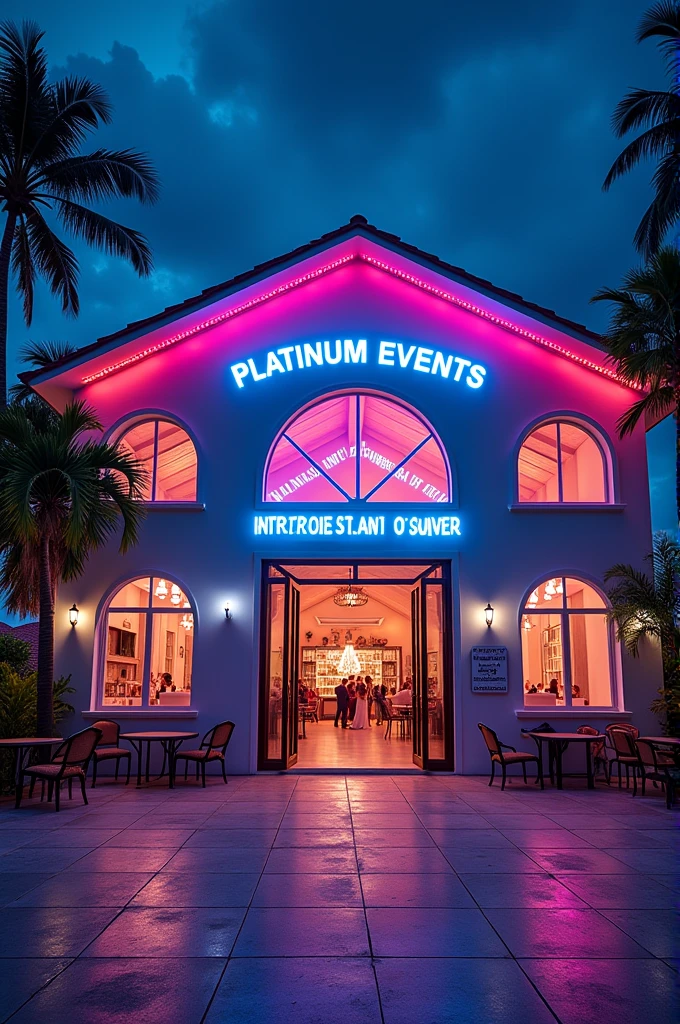 Casa de show, with glass windows, large area in front with some chairs and tables, large sign above the entrance door saying Platinum Events, large open entrance door, circular shaped windows, unrealistic, drawn, small sign next to the entrance saying no drinks, indoor party, events house, coconut trees outside, neon, lights, natta, parties, animadas, sound box, huge hall inside, party going on , floodlight lights , people dancing in the countryside 