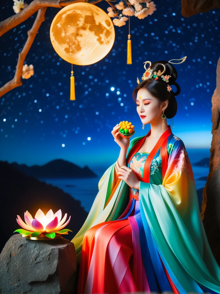 Three-dimensional ancient style, vivid Chinese aesthetics, elegant ancient Chinese fairy, Chang'e holding a mooncake, moon rabbit, starry sky, osmanthus tree, woman in luxurious seven-color rainbow Hanfu on a cliff gazing at the stars, stunning facial features, (full body:1.4), vibrant colors, sparkling attire with glittering stone patterns, shoes of semi-transparent crystal, seven-color gradient fluorescent ribbons, exquisite, light wave, traditional, delicate, perfect composition, ultra HD, crescent earrings, raised eyebrows, phoenix ornament, forehead gemstone, National style, Acrylic, Immortal aura, Mint green tones, Normal perspective, Trend on Artstation