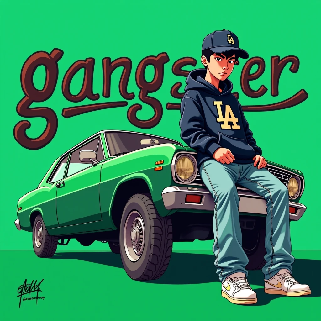 Image of a man sitting on the bonnet of a car, Yoshihiko Wada's album cover, winner of the behance contest, Doodle, official artwork, rap album cover, hip - hop album art cover, colored album art, hip hop music album cover, rap album cover art, official fanart, GTA Cover, hip hop album cover, album art cover, cartoon, G-FUNK Hip Hop album cover, green background, green car, with the words 'gangster' on the back of the picture, LA hoodie, an Asian tenager wearing a black LA ball cap with a deep press and a wide pair of jeans down, a troublemaker boysits on the bonnet of a car andlets, white Nike shoes