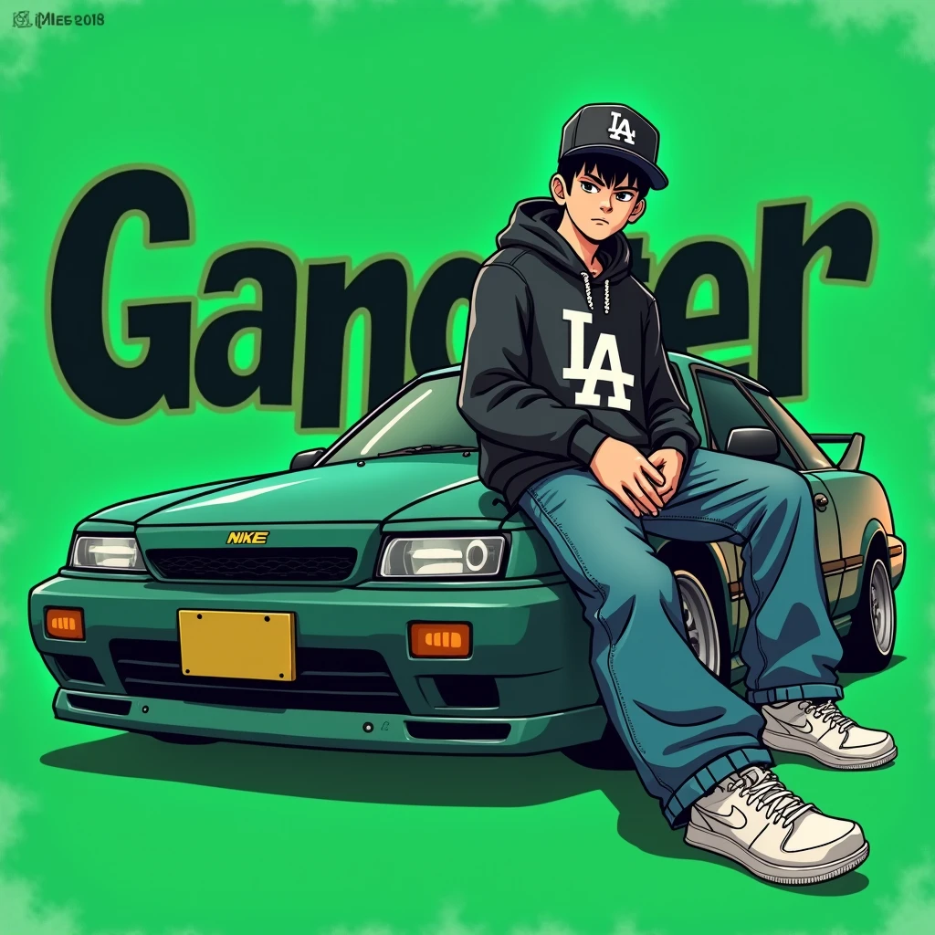 Image of a man sitting on the bonnet of a car, Yoshihiko Wada's album cover, winner of the behance contest, Doodle, official artwork, rap album cover, hip - hop album art cover, colored album art, hip hop music album cover, rap album cover art, official fanart, GTA Cover, hip hop album cover, album art cover, cartoon, G-FUNK Hip Hop album cover, green background, green car, with the words 'gangster' on the back of the picture, LA hoodie, an Asian tenager wearing a black LA ball cap with a deep press and a wide pair of jeans down, a troublemaker boysits on the bonnet of a car andlets, white Nike shoes