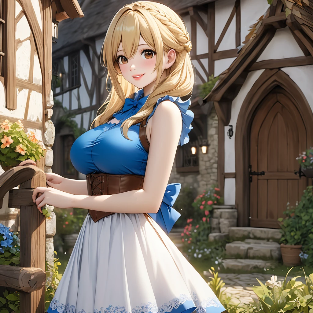 A woman wearing a blue sleeveless shirt, white skirt, brown leather boots, big breasts, blonde hair, brown eyes, bow in hair
, smiling, perfect lips, perfect face, blue bow in her hair, outside a medieval house , garden around, place during the day, standing upright,( Fairy_Tail, Lucy_Heartfilia).UHD , prime work , accurate , anatomically correct , textured skin , super details , high quality , best quality, 8k, high resolution, bokeh effect. (woman solo)