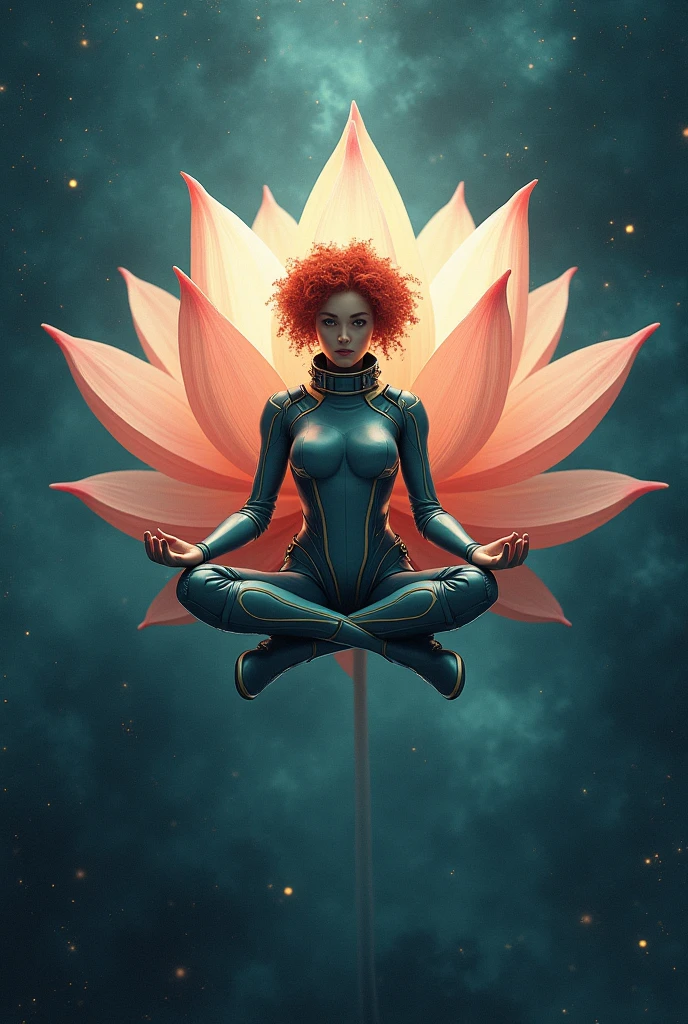 Beautiful. outer space, half lotus pose, universe, stars, galaxy background, she is wearing a Diving Suit Full Body. looking at the viewer, redhead, short curly hair, big lotus behind her.