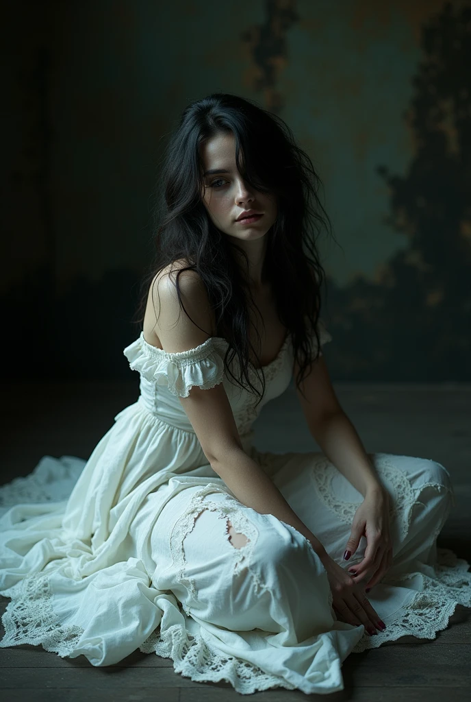 woman in a white dress sitting on the floor., Stefan Gesell, tattered gothic horror maiden, inspired by Bastien L.. Deharme, fine art fashion photography, Miss Aniela, tattered dress, inspired by verehin maxim, impressive and moody, dramatic lighting fantasy, by Elizabeth Polunin, by Ludwik Konarzewski