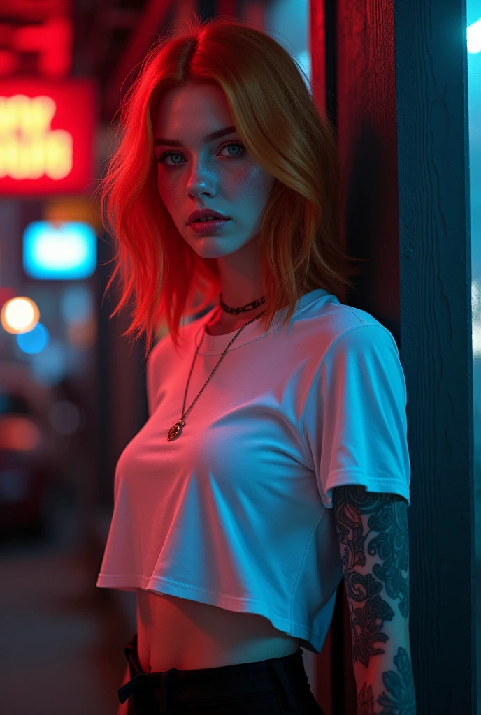 light red hair, vibrant blue eyes, pale white skin, portrait, rock clothing, band clothing, fine nose, thin chin, dark night scene, tattooed , RAW color art with high detail., (detailed skin, skin texture), (muscle), intricate details, fine details, hyperdetailed, ray tracing, subsurface dispersion, soft and diffuse lighting, red and blue spotlight, por Jeremy Mann, Greg Manchess, Antonio Moro, trend in artstation, trend on CGSociety, Intricate, High detail, sharp focus, Dramatic, photorealistic Midjourney painting, background bokeh, pub, Best Quality, masterpiece, only 1 girl, halfbody portrait, dark atmosphere at night, look at the viewer, White T-shirt, black miniskirt, night bar, country scene, Oregon, quiet city