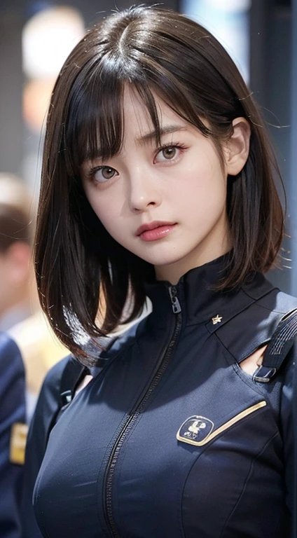 (Close-up:1.4)、(RAW Photos:1.2)、(Photorealistic:1.4)、(masterpiece:1.3)、(Highest quality:1.4)、(Beautiful woman with perfect body:1.4)、A woman stands in front of a group of robots、Beautiful android woman、Beautiful female soldier、Wearing a suit、Complex combat uniform、Beautiful young Japanese woman、Highly detailed face and skin texture、Small, large eyes、double eyelid、Cute Face、(Short Bob:1.2)、(Big Breasts)、(Full Body Shot)、Cowboy Shot、(Angry expression:1.2)、Storm and epic war scenes、Cyberpunk Scene、night、illumination、Plug Suit、Damage to combat uniforms、