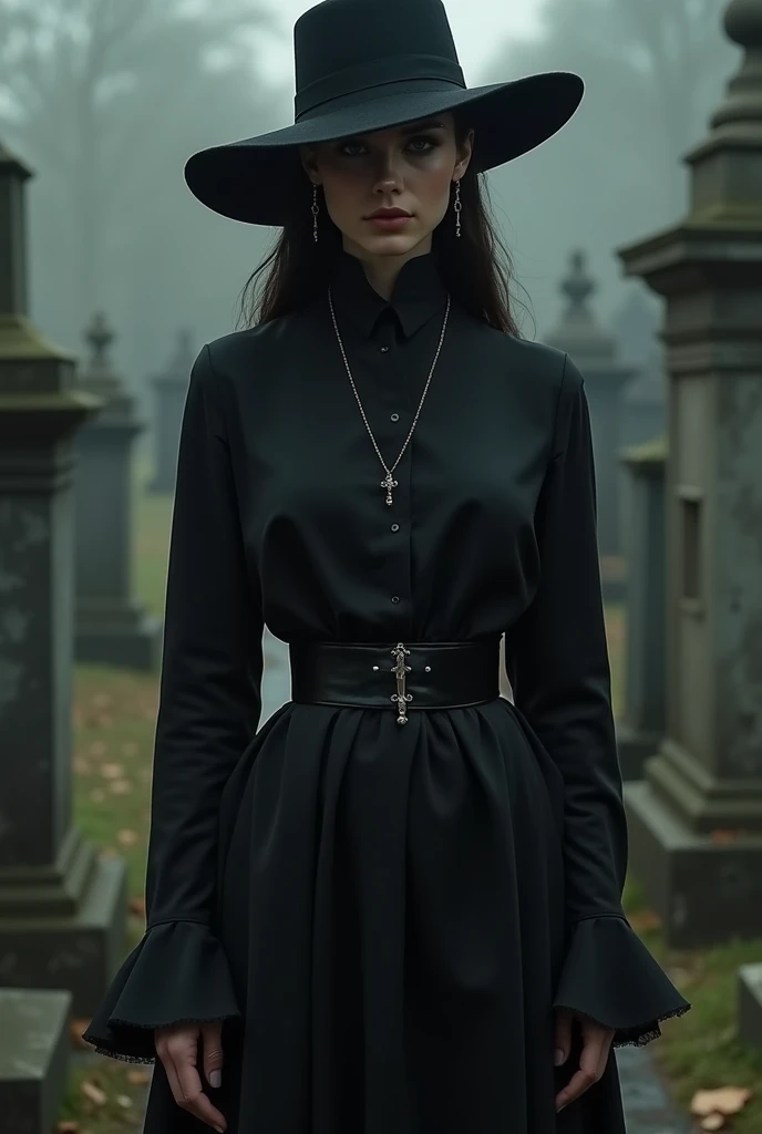 Woman in black dress, with a flared skirt and tight blouse with a black belt at the waist, with earrings and cross necklace and hat covering his face in front of the cemetery