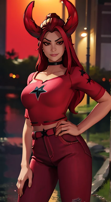 woman alone at night in a city, with red pants and red blouse with star symbol on the blouse, two red horns on head , with long pink hair,  fullcolor, hight contrast, intricate background, highly detailed skin, 2d, wallpaper, corpo de frente, detailed hands on hips 