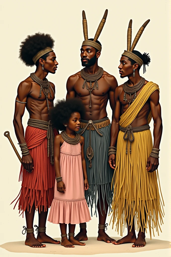 Oxum and Yemanjá in traditional costumes, with Oxum associated with gold and Yemanjá with blue or white, both with typical attributes. obaluaê, represented as the king of straws, with a costume made of straw or a stick. Oxossi with his hunter&#39;s outfit and bow and arrow. Hugging a black girl of about , with afro hair, Wearing a pink dressing gown, positioned next to the orixás. All in drawing Must have the four orixás and the child 
