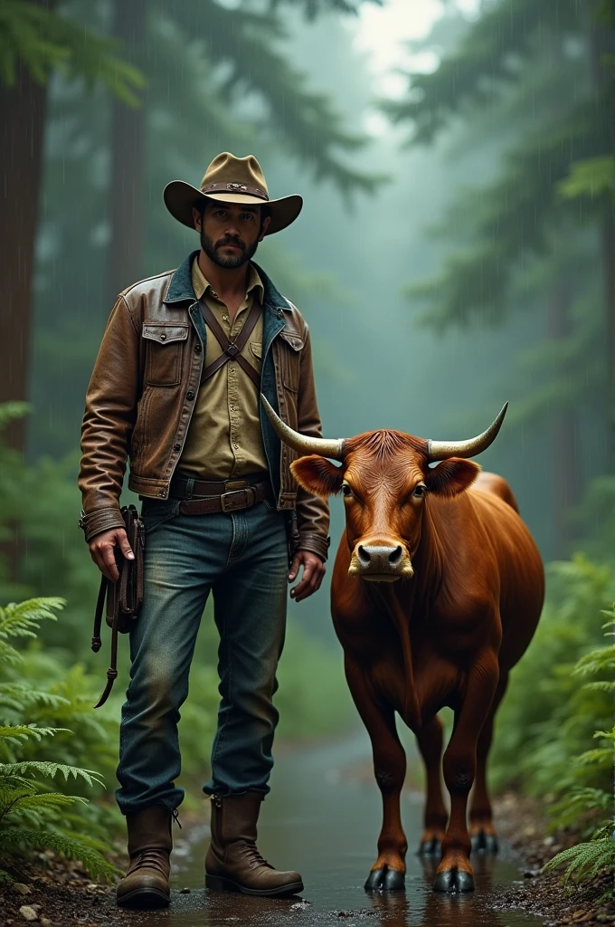 A cow boy , cow and beautiful forest , rainy day , cenematic color , 9:16 ratio