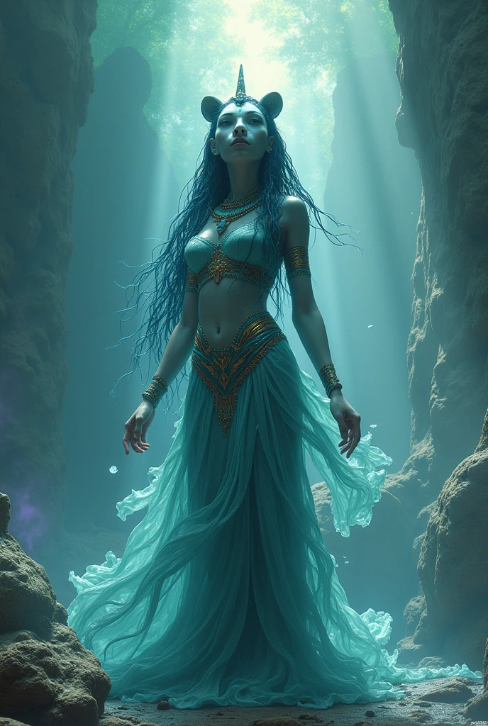 Create an image of Tefnut, the goddess of moisture in Egyptian mythology, in a graceful pose representing the essence of water. Include stunning gradient colors and a detailed background. Apply best quality, masterpiece, realistic, and absurdres settings.