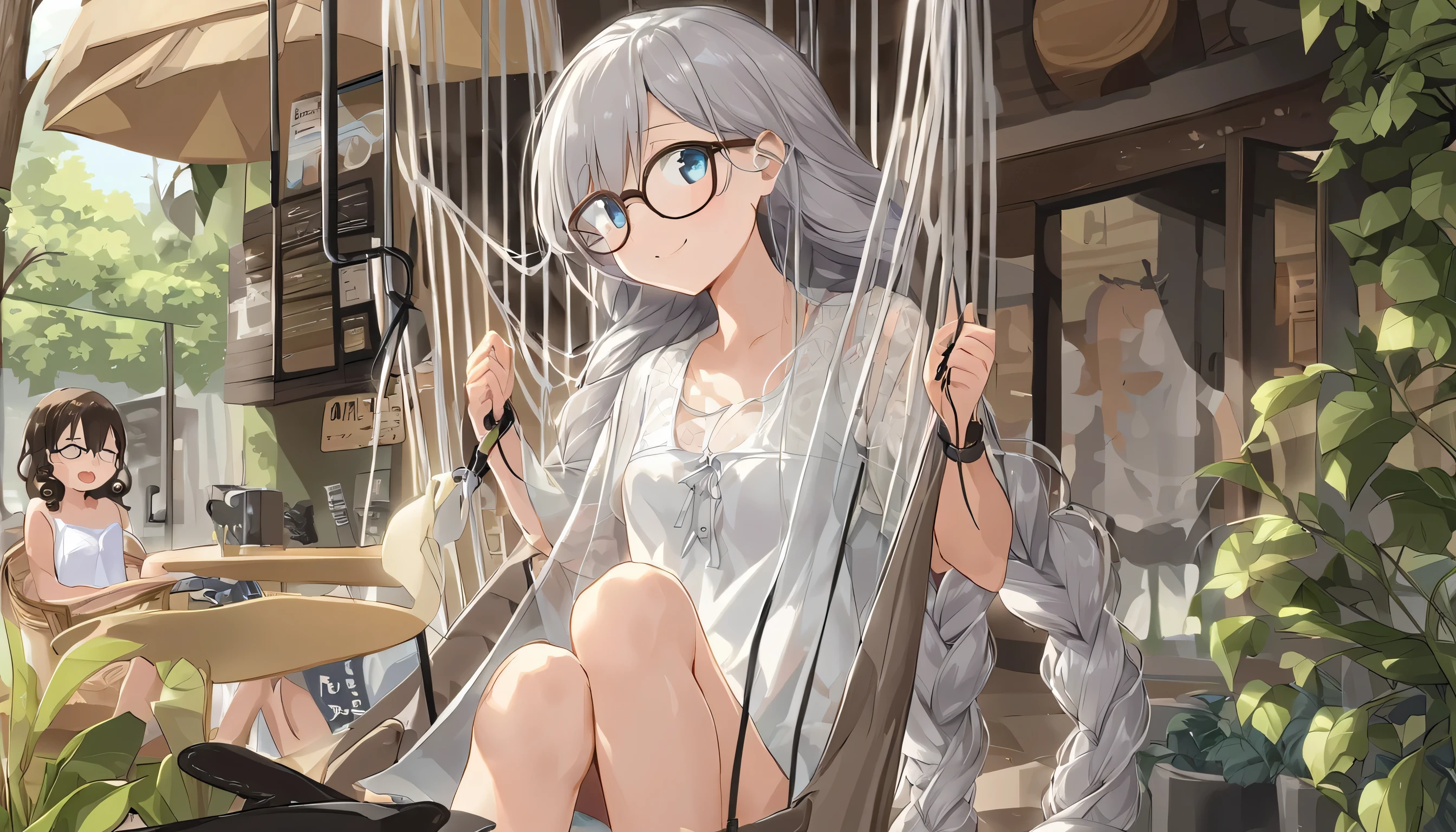 Relaxing in a hanging chair outside a cafe in the woods、High-quality illustrations、Draw the whole body、Glasses、Curly Long Hair、Loose braided hair、She's in her 20s and has a cute baby face.、Small breasts、Cute clothes、Inside a stylish cafe、smile、Draw women slightly larger、Beautiful breasts、Baby Face、skirt、A little sheer underwear、Silver Hair、Grey Hair、Slim body、Watery eyes、Looking this way, he is happy.、I'm not wearing anything on my head、Ahoge、丸くBeautiful breasts、smile、Cleavage、Messy Hair、Plump thighs、Absolute area、Highest quality, Very detailed, Attention to detail, masterpiece:1.2,
