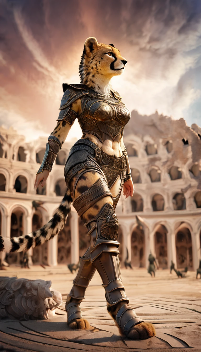 female cheetah beastman, gladiator, dignified expression, black with gold trim and tight combat clothing, perfect proportions, abs, background Coliseum, conceptual installation art, (ultra detailed, absolutely resolution, best quality:1.3), 2.5D, delicate and dynamic effects, artistic, hyper, graphic CG digital fantasy art, portrait
