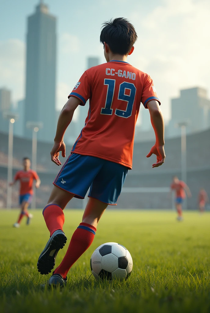 Create a soccer player with his back turned to me and the name CC-GANO and age 15years and background game pubg