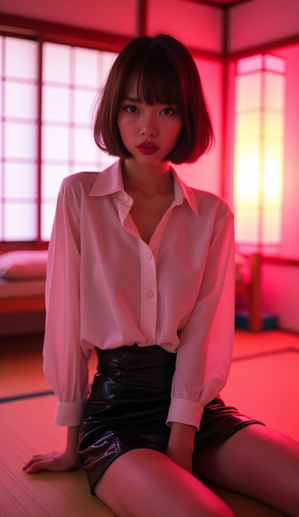 ((Japanese Idols))　((Plump and glossy lips))　Big Breasts　((Short brown hair with bangs))　((Looking into the camera))　Sit with your legs apart　((White button shirt and black enamel tight skirt))　　Low angle shot of a person standing facing forward　Looking down　((A bedroom with shoji screens and tatami tatami lit up with pink neon lights))　