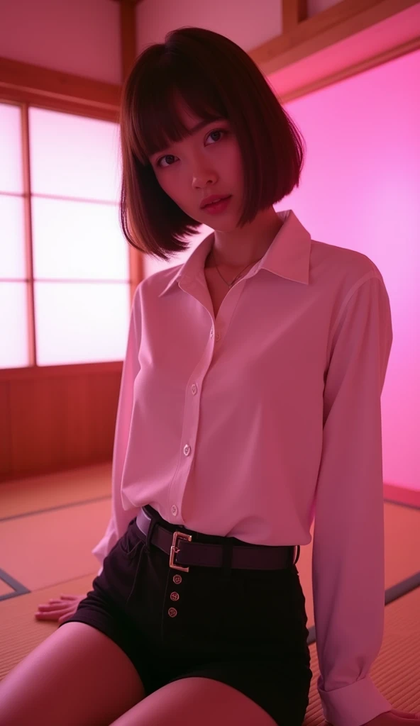 ((Japanese Idols)) ((Plump and glossy lips)) Big Breasts ((Short brown hair with bangs)) ((Looking into the camera)) Sit with your legs apart ((White button shirt and black enamel tight skirt)) Low angle shot of a person standing facing forward Looking down ((A bedroom with shoji screens and tatami tatami lit up with pink neon lights))