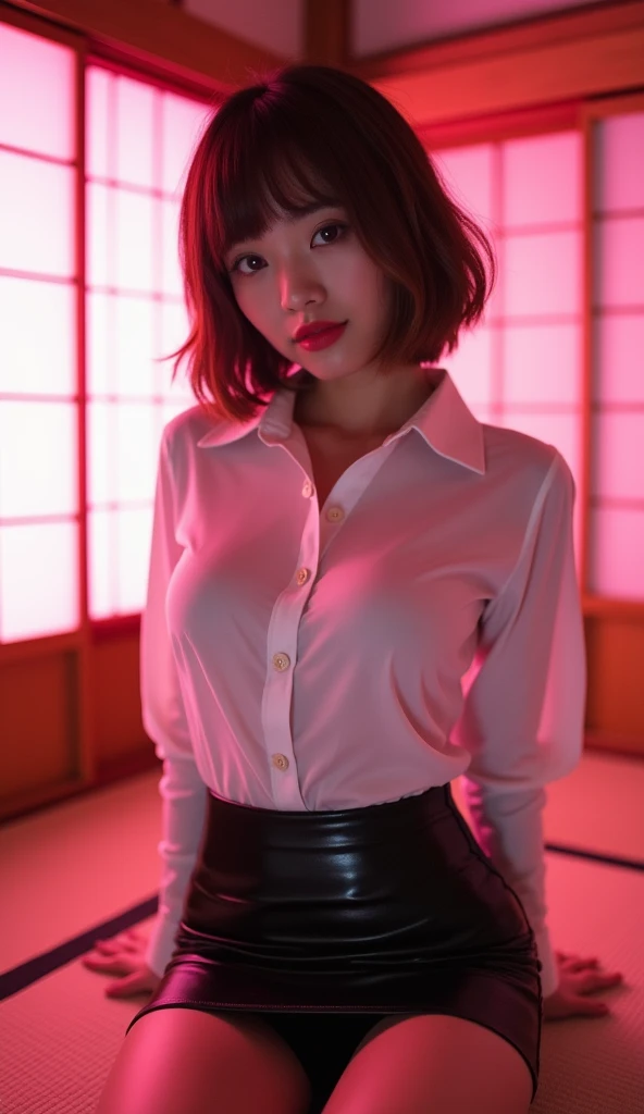 ((Japanese Idols))　((Plump and glossy lips))　Big Breasts　((Short brown hair with bangs))　((Looking into the camera))　Sit with your legs apart　((White button shirt and black enamel tight skirt))　　Low angle shot of a person standing facing forward　Looking down　((A bedroom with shoji screens and tatami tatami lit up with pink neon lights))　