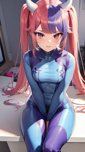 Best Quality, High_Resolution, Vtuber, Ironmouse, pink and purple hair, small horns, twin pigtails, zero suit outfit, skin tight blue outfit, doubly Victory hand pose, winking, sticking out tongue, standing on one leg, single leg bent back, only two arms, only two legs, bedroom setting, light blue wallpaper, flower pot on a computer desk. High detail eyes.