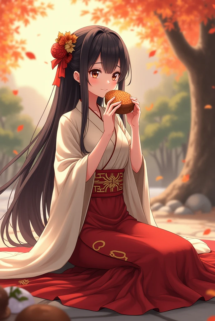 Eating Ohagi, Highest quality, masterpiece,Very detailed,anime,One person,Mix 4,(Song Han-fu),Chinese Long Skirt,Perfect Face, Long Hair,,autumn
