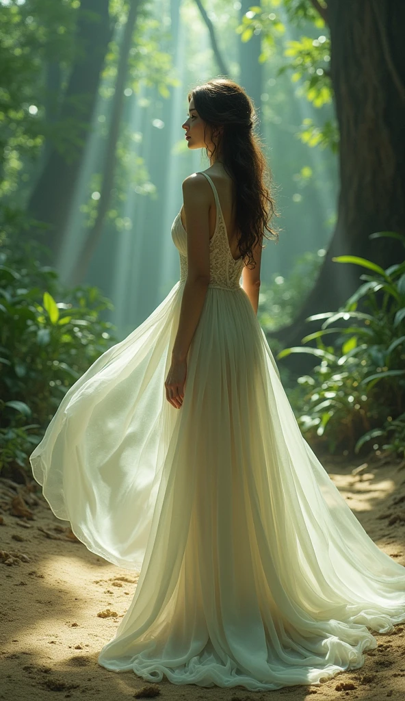 forests of Eve, a beautiful young woman in see-through silken gown wonders, 8k resolution, gown flows on the sand like seafoam,