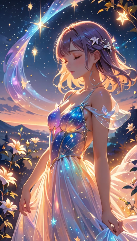 (best quality,4k,8k,highres,masterpiece:1.2),A girl standing alone under the starry night sky, with her silhouette illuminated by the soft moonlight and twinkling stars. Her face is beautifully detailed, with closed eyes, long and fluttering eyelashes, and exquisitely defined lips. She is dressed in an elegant gown, flowing and ethereal, embracing her figure gracefully as it glimmers with a subtle celestial glow. The intricate details of her dress catch the faint starlight, creating a mesmerizing sparkle. The surrounding landscape showcases a serene garden, lush with vibrant foliage and colorful flowers. The air is filled with a gentle breeze, causing the leaves to rustle and the flowers to sway delicately. The garden is bathed in a warm, dreamy color palette, with hues of deep blues, purples, and hints of silver. The atmosphere is calm and tranquil, evoking a sense of peace and serenity. The artwork is of the highest quality, meticulously created with ultra-detailed brushstrokes and precise attention to every element. The texture and depth of the painting are breathtaking, with a sense of realism and photorealism that captures the awe-inspiring beauty of the night sky. The lighting is soft and diffused, casting a gentle glow over the entire scene, enhancing the magical ambiance. The girl's presence radiates a sense of mystery and wonder, as if she holds a secret connected to the celestial beings above. The overall composition evokes a feeling of timelessness and captures the essence of a StarSign, an artwork that embodies the celestial beauty and inner strength of a girl in harmony with the stars. (ai-generated:.25),(dsmile:.25)