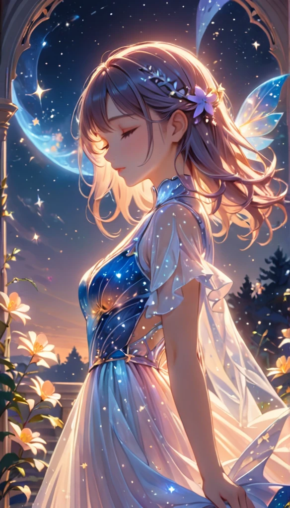 (best quality,4k,8k,highres,masterpiece:1.2),A girl standing alone under the starry night sky, with her silhouette illuminated by the soft moonlight and twinkling stars. Her face is beautifully detailed, with closed eyes, long and fluttering eyelashes, and exquisitely defined lips. She is dressed in an elegant gown, flowing and ethereal, embracing her figure gracefully as it glimmers with a subtle celestial glow. The intricate details of her dress catch the faint starlight, creating a mesmerizing sparkle. The surrounding landscape showcases a serene garden, lush with vibrant foliage and colorful flowers. The air is filled with a gentle breeze, causing the leaves to rustle and the flowers to sway delicately. The garden is bathed in a warm, dreamy color palette, with hues of deep blues, purples, and hints of silver. The atmosphere is calm and tranquil, evoking a sense of peace and serenity. The artwork is of the highest quality, meticulously created with ultra-detailed brushstrokes and precise attention to every element. The texture and depth of the painting are breathtaking, with a sense of realism and photorealism that captures the awe-inspiring beauty of the night sky. The lighting is soft and diffused, casting a gentle glow over the entire scene, enhancing the magical ambiance. The girl's presence radiates a sense of mystery and wonder, as if she holds a secret connected to the celestial beings above. The overall composition evokes a feeling of timelessness and captures the essence of a StarSign, an artwork that embodies the celestial beauty and inner strength of a girl in harmony with the stars. (ai-generated:.25),(dsmile:.25)