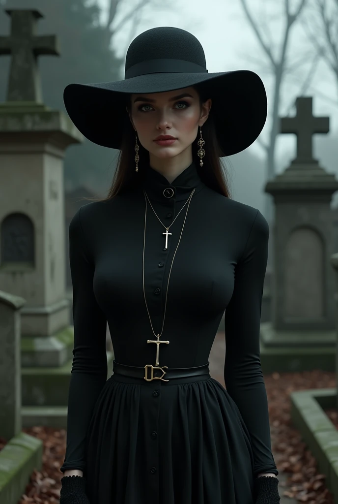 Woman in black dress, with a flared skirt and tight blouse with a black belt at the waist, with earrings and cross necklace and hat covering his face in front of the cemetery