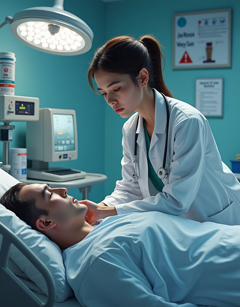 A female doctor is treating a seriously ill patient. On the left side of the image, there is a clear text box that reads:"Acidity can lead to other health issues."