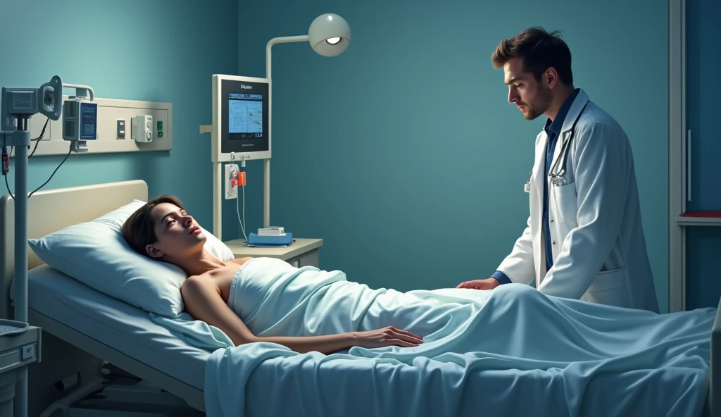patient in a bed without the ability to be independent of his medical diagnosis. doctor at bedside