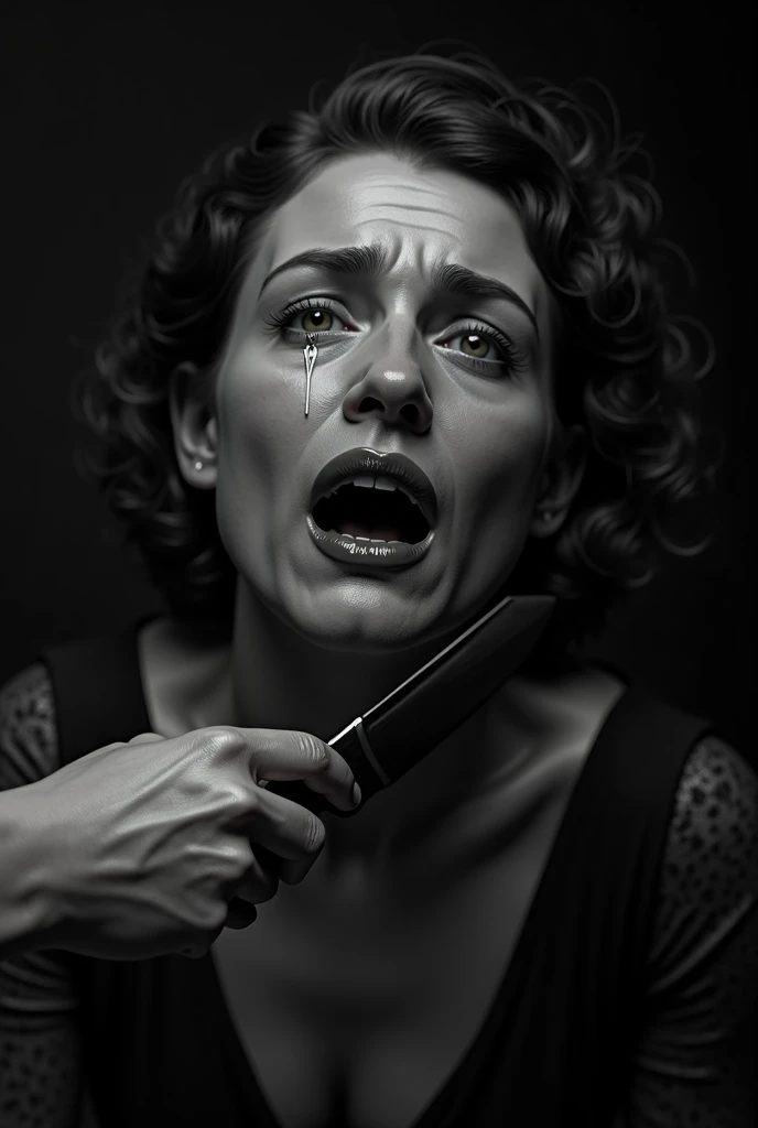a hand holding a knife on a woman's neck, woman crying, 1920s era, black and white photography, woman is distressed, high contrast, dramatic lighting, cinematic composition, chiaroscuro, moody, ominous, suspenseful, (best quality,8k,highres,masterpiece:1.2),ultra-detailed,realistic,photo-realistic:1.37,dramatic,cinematic,dark,gritty,noir