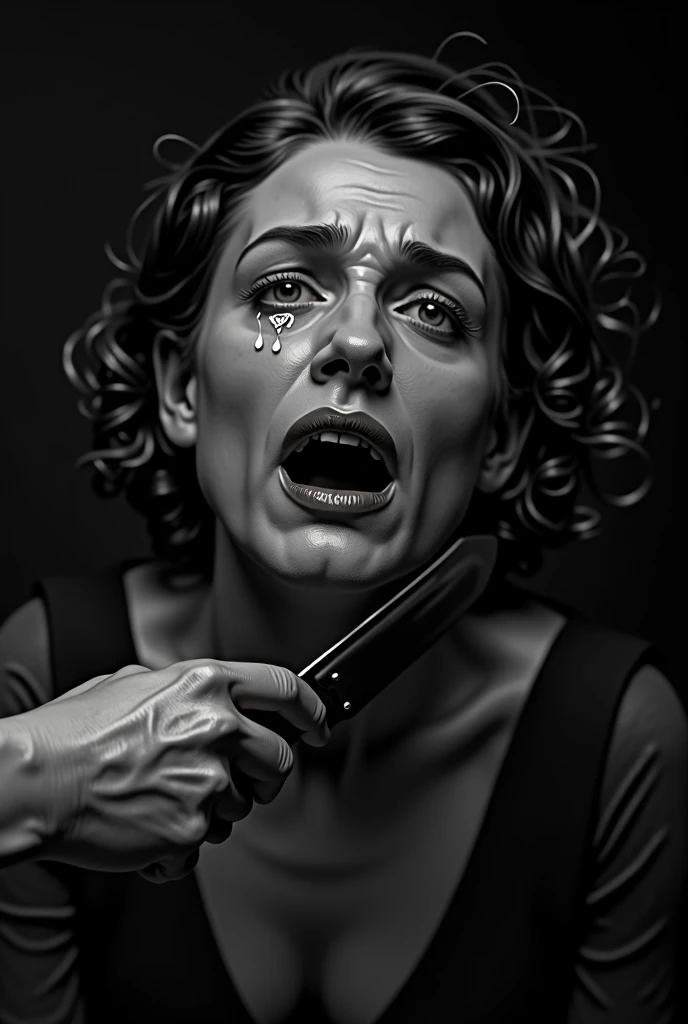 a hand holding a knife on a woman's neck, woman crying, 1920s era, black and white photography, woman is distressed, high contrast, dramatic lighting, cinematic composition, chiaroscuro, moody, ominous, suspenseful, (best quality,8k,highres,masterpiece:1.2),ultra-detailed,realistic,photo-realistic:1.37,dramatic,cinematic,dark,gritty,noir